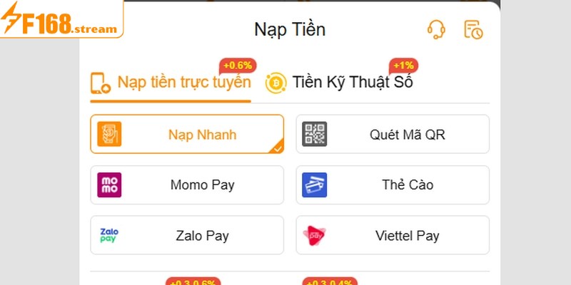 Quy trình nạp tiền F168 thuận lợi cho người chơi